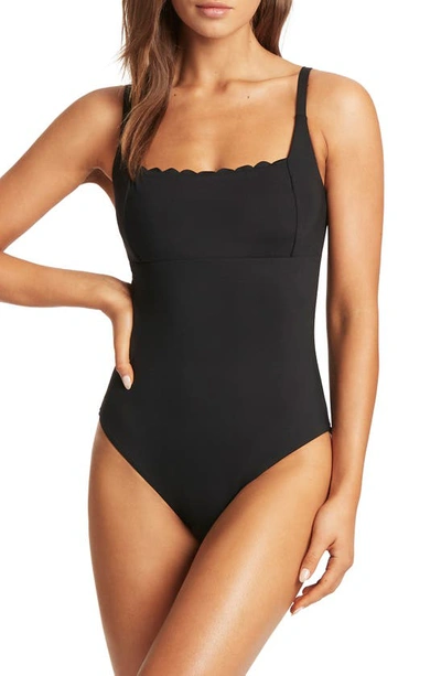 Sea Level Scalloped Square Neck One-piece Swimsuit In Black