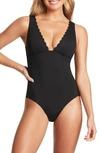 Sea Level Scalloped Plunge One-piece Swimsuit In Black