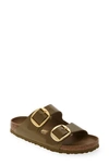 Birkenstock Arizona Big Buckle Slide Sandal In High Shine Mud Green/gold