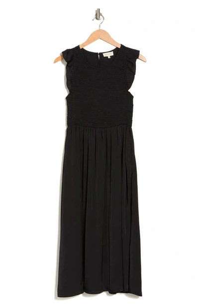 Melloday Sleeveless Floral Print Smocked Top Knit Midi Dress In Black