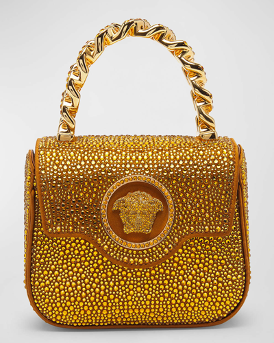 Versace La Medusa Mini Crystal Top Handle Bag In Caramel/ Gold