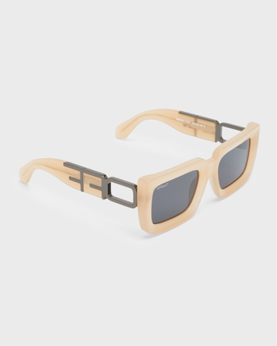 Off-white Boston Cut-out Logo Acetate & Metal Alloy Rectangle Sunglasses In Sand Dark Grey