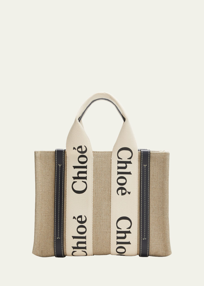 Chloé Woody Small Tote Bag In Linen With Crossbody Strap In White/blue