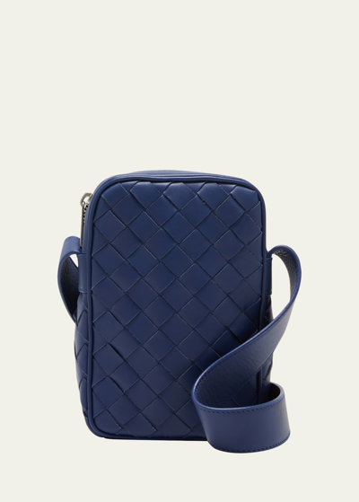 Bottega Veneta Men's Intrecciato Leather Zip Phone Pouch In Blue
