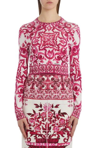 Dolce & Gabbana Tile Print Long Sleeve Silk Sweater In Pink & Purple