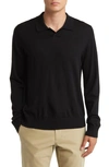 Vince Johnny Collar Long Sleeve Wool Polo In Black