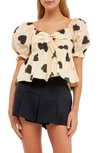 English Factory Heart Shape Puff Sleeve Top In Beige/black
