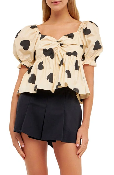 English Factory Heart Shape Puff Sleeve Top In Beige/ Black