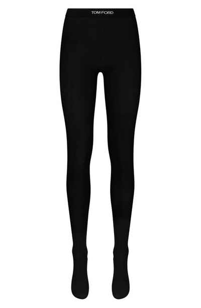 Tom Ford Glossy Jersey Footed Leggings With Logo Band In Nero