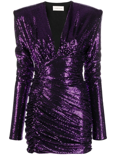 Alexandre Vauthier Plunging Sequin Strong-shoulder Ruched Sequin Mini Dress In Purple