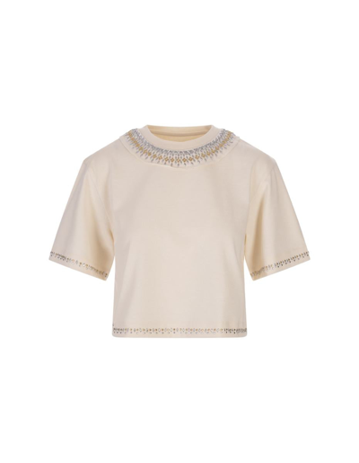 Paco Rabanne Nude Crop T-shirt With Rhinestones In Gold And Silver In White
