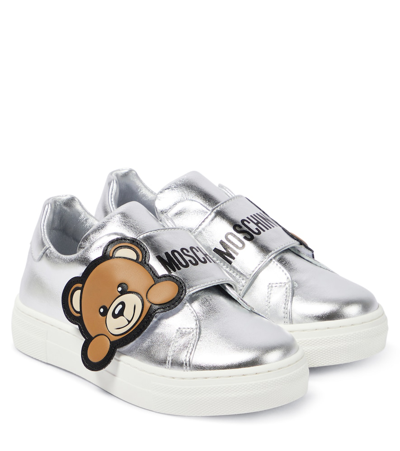 Moschino Kids' Teddy Bear Leather Trainers In Metallic