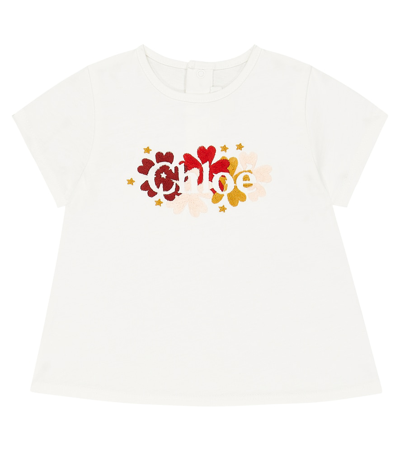 Chloé Babies' Chloe Offwhite Floral Logo-embroidered Cotton-jersey T-shirt 4-14 Years