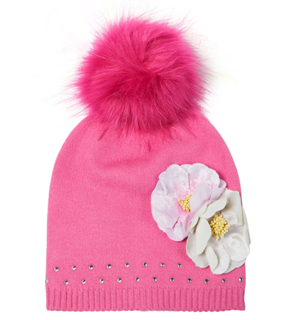 Monnalisa Kids' Floral-appliqué Knit Beanie In Pink