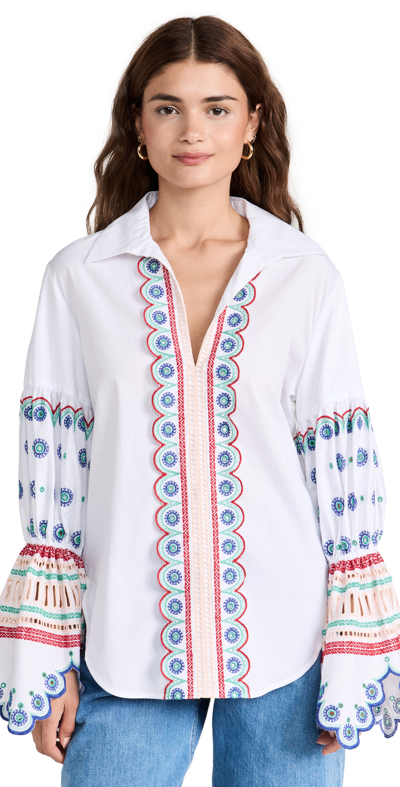 Silvia Tcherassi Gaia Broderie Anglaise Puff-sleeve Collared Blouse In White Blue