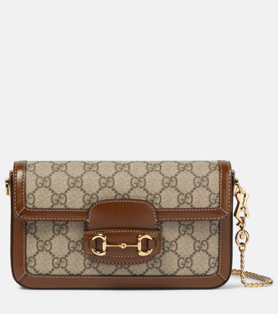 Gucci 22 X 13 X 6 Cm Leather And Gg Fabric Crossbody Handbag In Brown