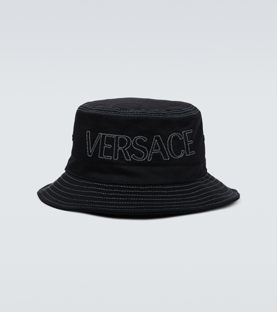 Versace Medusa Drawstring Bucket Hat In Black+grey