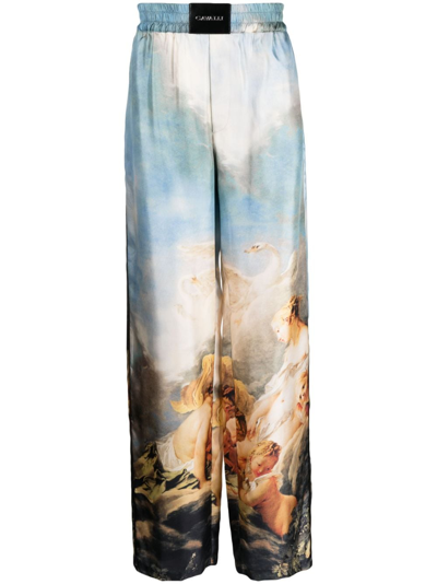 Roberto Cavalli Graphic-print Silk Trousers In Blue