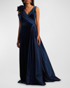 Tadashi Shoji Sleeveless Draped Taffeta & Velvet Gown In Navy