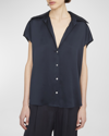 Vince Cap-sleeve Ruched-back Silk Blouse In Coastal