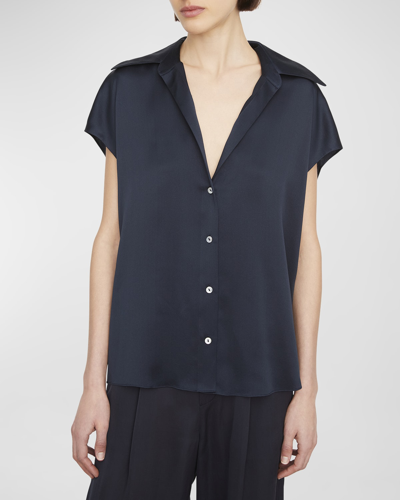 Vince Womens Coastal Collar Satin Texture Silk Blouse