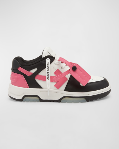 Off-white Girl's Out Of Office Low-top Leather Sneakers, Toddler/kids In Black Fuchsia