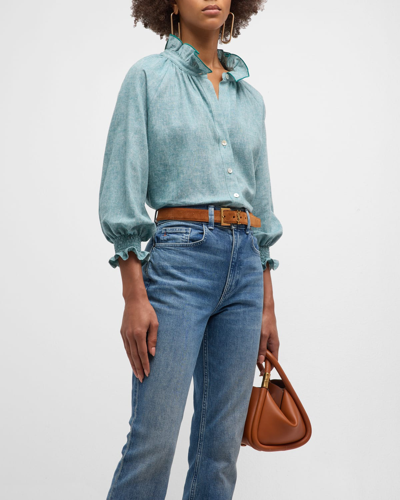 Finley Fiona Ruffle-trim Chambray Blouse In Sage