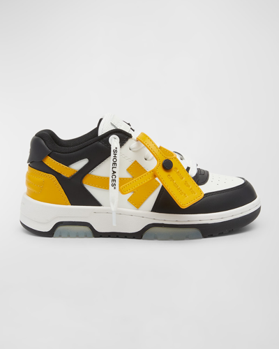 Off-white Kids' Out Of Office Logo-embroidered Leather Low-top Trainers 3-8 Years In Black Yellow