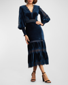 Tadashi Shoji Pleated Bishop-sleeve Velvet Midi Dress In Navy