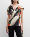 Natori Mayumi Twist-front Floral-print Twill Top In Black Multi