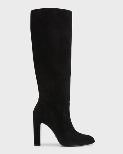 Stuart Weitzman Vida Suede Block-heel Knee Boots In Black