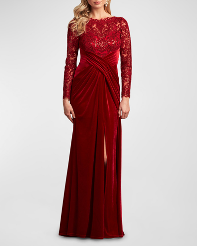 Tadashi Shoji Sequin Illusion Neck Long Sleeve Lace & Velvet Gown In Lava Red