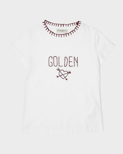 Golden Goose Kids' Journey/ Girls T-shirt/ Cotton Jersey With Golden And Neck Embroidery Include Il Codice Gyp01390 P00 In Optic White
