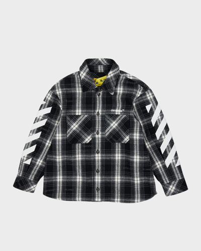 Off-white Kids' Boy's Bookish Logo-print Striped Flannel Shirt In Black