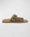 Fendi Canvas Feel Slippers With Adjustable Straps And Ff Motif Embroidery In Tobacco/sand