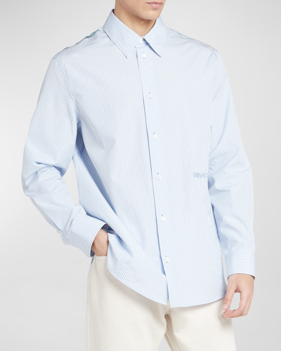Versace Men's Striped Sport Shirt With Back Print In Light Blueivory