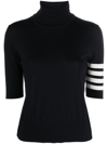 Thom Browne Black Short Sleeve Sweater With 4-bar Detail In Wool Woman In Blue