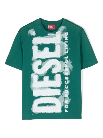 Diesel Kids' Logo-print Cotton T-shirt In Green