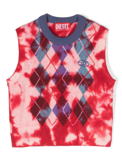 Diesel Kids' Diamond-pattern Bleached Top In Red