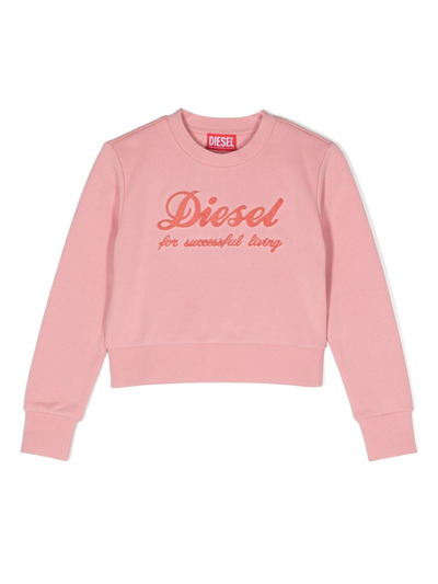 Diesel Kids' Cotton Crew-neck Cropped Sweatshirt With Chenille-effect Logo In Pink