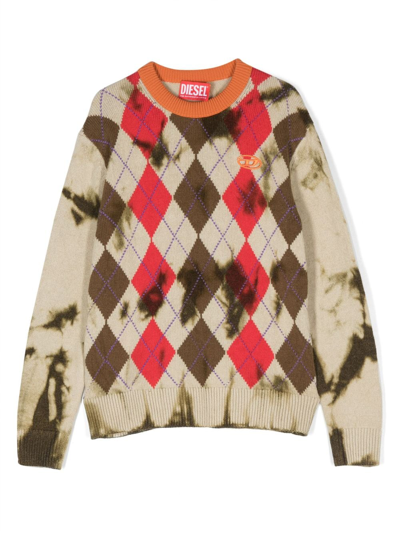 Diesel Kids' Kairo Argyle-knit Jumper In Neutrals