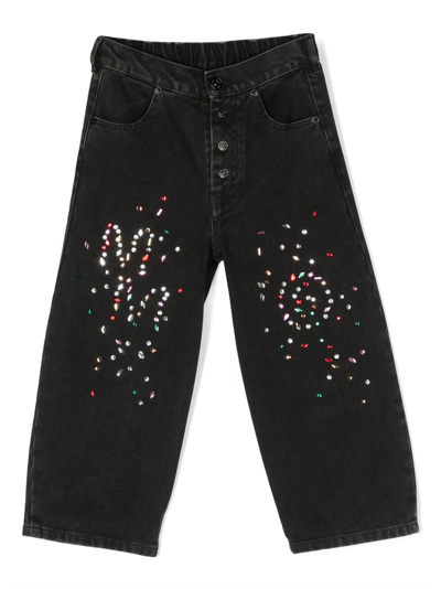 Mm6 Maison Margiela Kids' Crystal-embellished Wide-leg Jeans In Black
