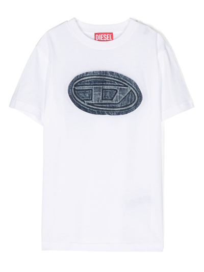 Diesel Kids' Logo-print Denim-oatch T-shirt In White