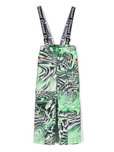 Diesel Kids' Logo-embellished Abstract-print Dungarees In Green