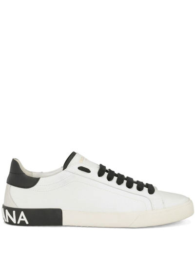 Dolce & Gabbana Portofino Vintage Calfskin Leather Sneakers In White