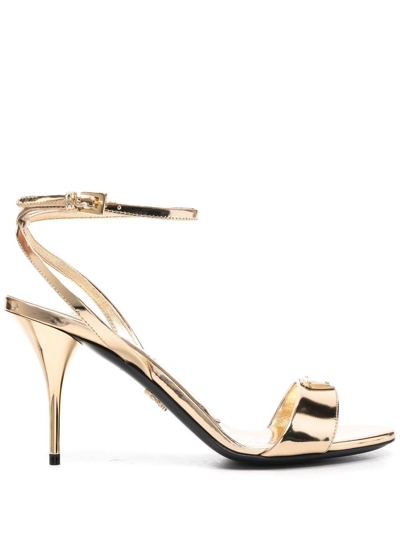 Prada Metallic Leather High-heel Logo Sandals In Gold