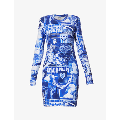 Moschino Graphic Print Long Sleeve Dress In Fantasy Print Blue