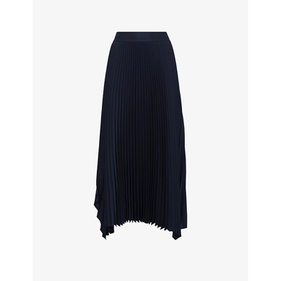 Reiss Womens Navy Jodie Pleated Asymmetric-hem Woven Midi Skirt