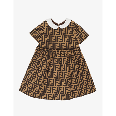 Fendi Babies' Monogram-pattern Gathered-waist Cotton-blend Dress 12-24 Months In Nut Brown+brown