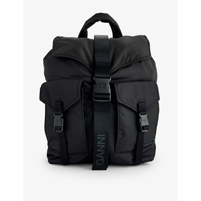 Ganni Bucked Flap-pocket Recycled-polyester Backpack In Black
